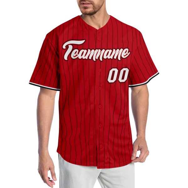 Custom Red Black Pinstripe White-Black Authentic Baseball Jersey