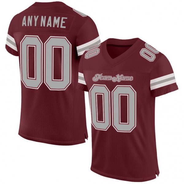 Custom Burgundy Gray-White Mesh Authentic Football Jersey